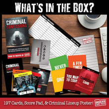 Load image into Gallery viewer, Criminal Confessions Party Game - The Adult Card Game Where You Interrogate Friends to Uncover Surprising Stories of Petty Crime. Fun for Parties or Board Game Night with a Group, Friends or Family