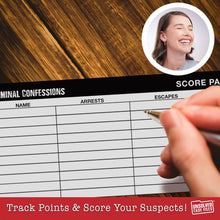 Load image into Gallery viewer, Criminal Confessions Party Game - The Adult Card Game Where You Interrogate Friends to Uncover Surprising Stories of Petty Crime. Fun for Parties or Board Game Night with a Group, Friends or Family